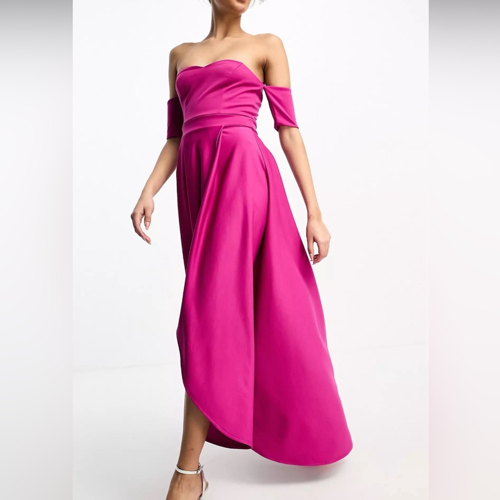 True Violet off shoulder high low dress in fuchsia